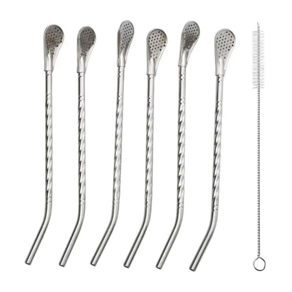 Набір багаторазових ложок-трубочок 6 шт для напоїв 19.5 см зі щіткою для миття з нержавіючої сталі Сірий HP-20-54