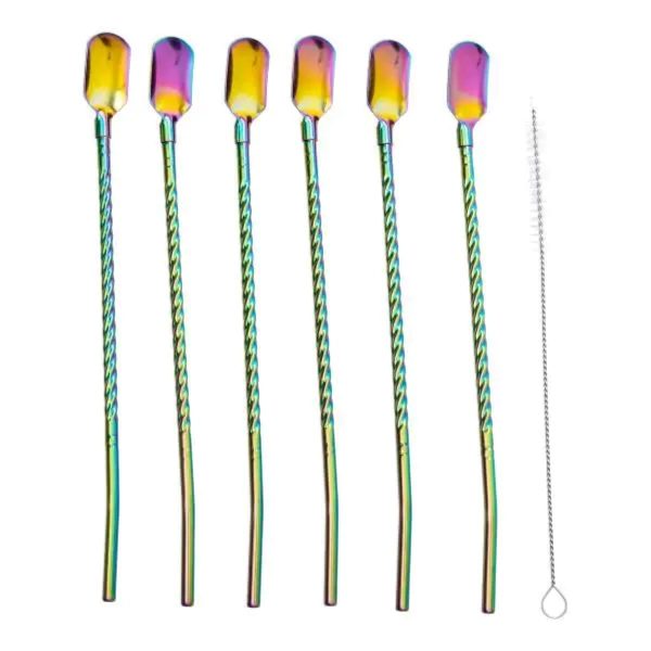 Набір багаторазових ложок-трубочок 6 шт для напоїв 22 см зі щіткою для миття з нержавіючої сталі Хамелеон HP-20-21