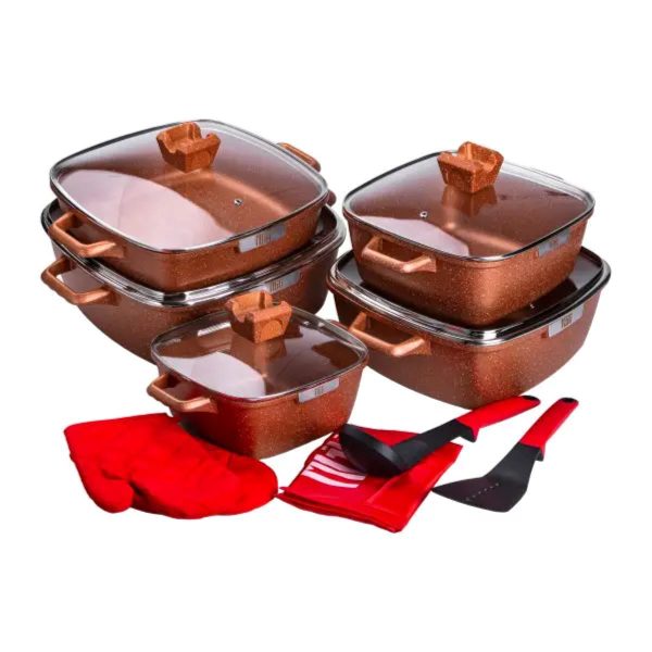 Набір з 5 алюмінієвих квадратних каструль з товстим дном MGC + лопатка, ополоник, рукавички та фартух HP-4-468