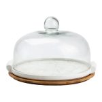 порцелянова тортівниця зі скляною кришкою на бамбуковій підставці HP1203