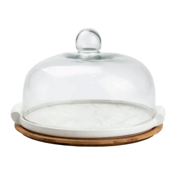 порцелянова тортівниця зі скляною кришкою на бамбуковій підставці HP1203