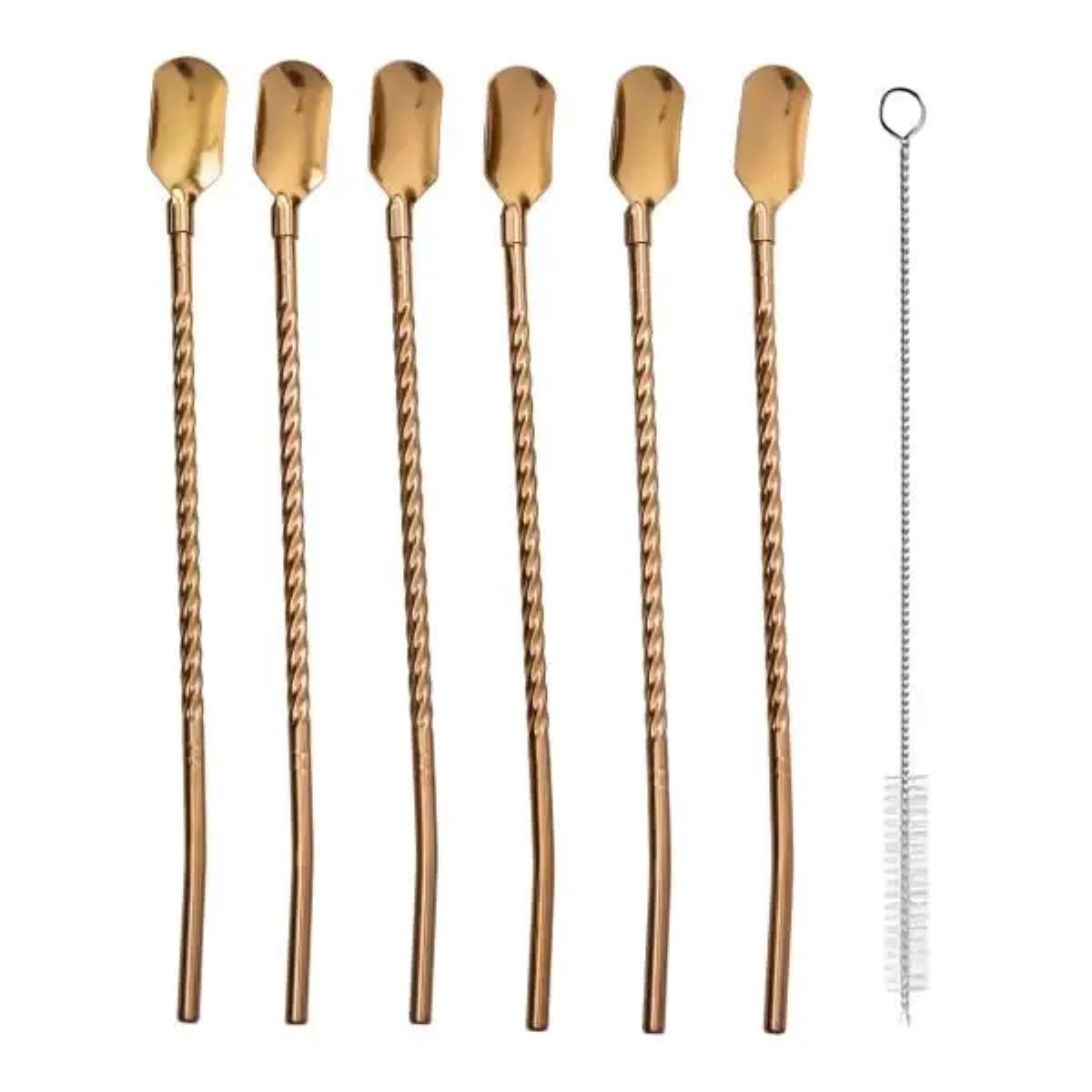 2.1-2 Набір багаторазових ложок-трубочок 6 шт для напоїв 22 см зі щіткою для миття з нержавіючої сталі Бронзовий HP-20-20 - Зображення 1