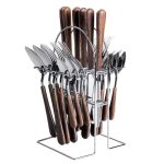 Набір столових приборів на 6 персон з дерев'яними ручками на підставці столові прибори 24 шт Срібло HP-20-1