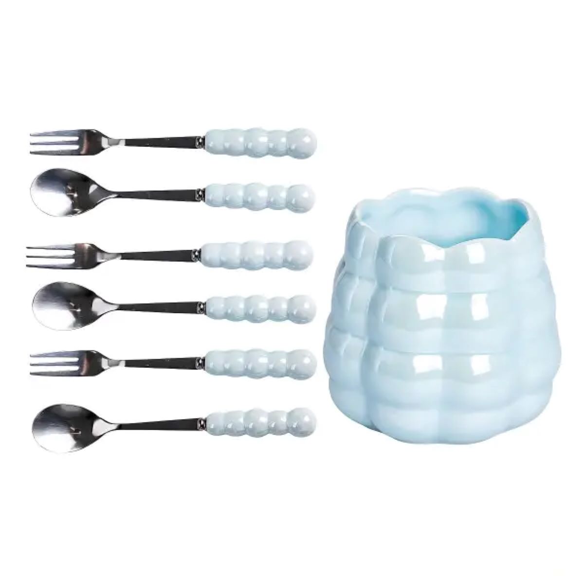 2057-1 Набір десертних виделок і ложок на 3 персони з підставкою з порцелянау 7 предметів Блакитний HP-20-57 - Зображення 1