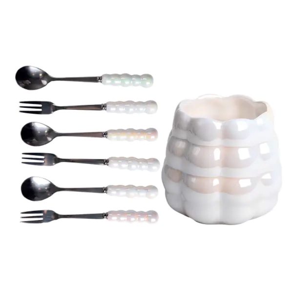 Набір десертних виделок і ложок на 3 персони з підставкою з порцелянау 7 предметів Перламутровий HP-20-62