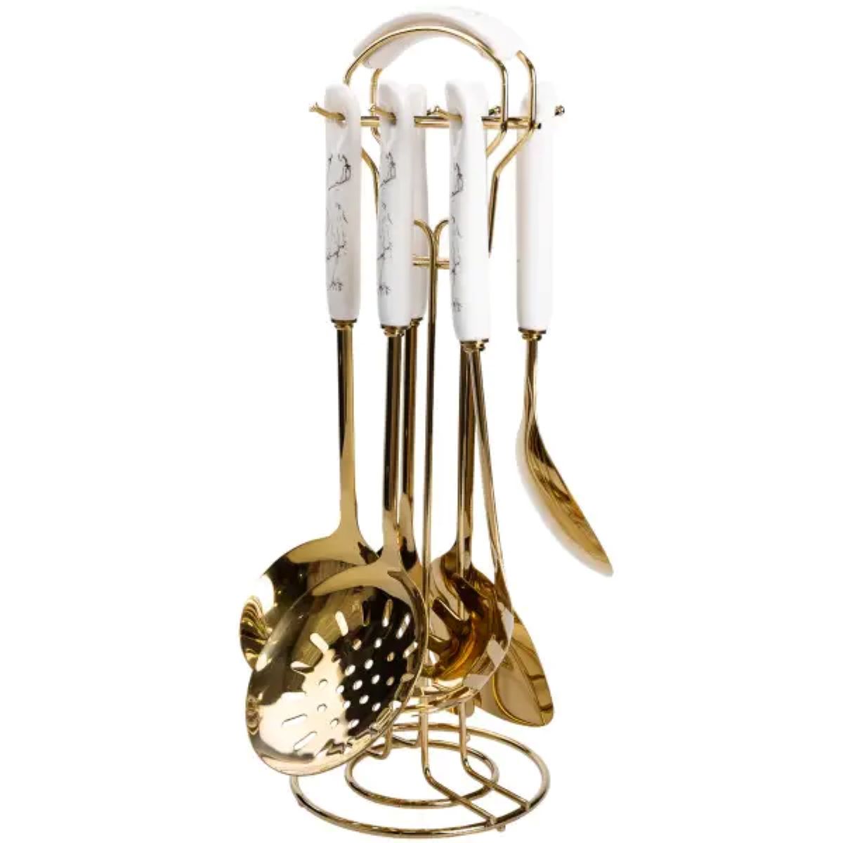 207 Набір кухонного приладдя 7 предметів на підставці столові прилади з нержавіючої сталі Золото з білим HP-20-7 - Зображення 1