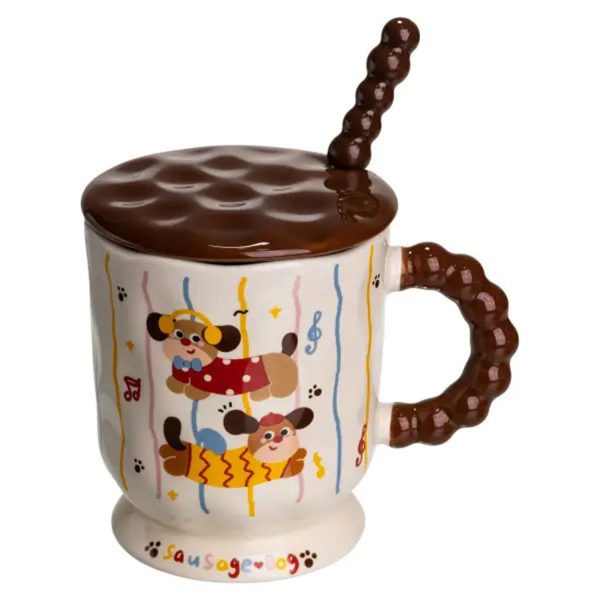 Новорічна порцелянова чашка "Весела Такса" з кришкою та ложкою 400 мл, Святкова кружка для дітей