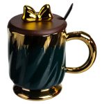 Новорічна порцелянова чашка «Золотий Вихор» 450 мл з кришкою і ложкою Yiwu FM-23A