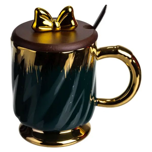 Новорічна порцелянова чашка «Золотий Вихор» 450 мл з кришкою і ложкою Yiwu FM-23A