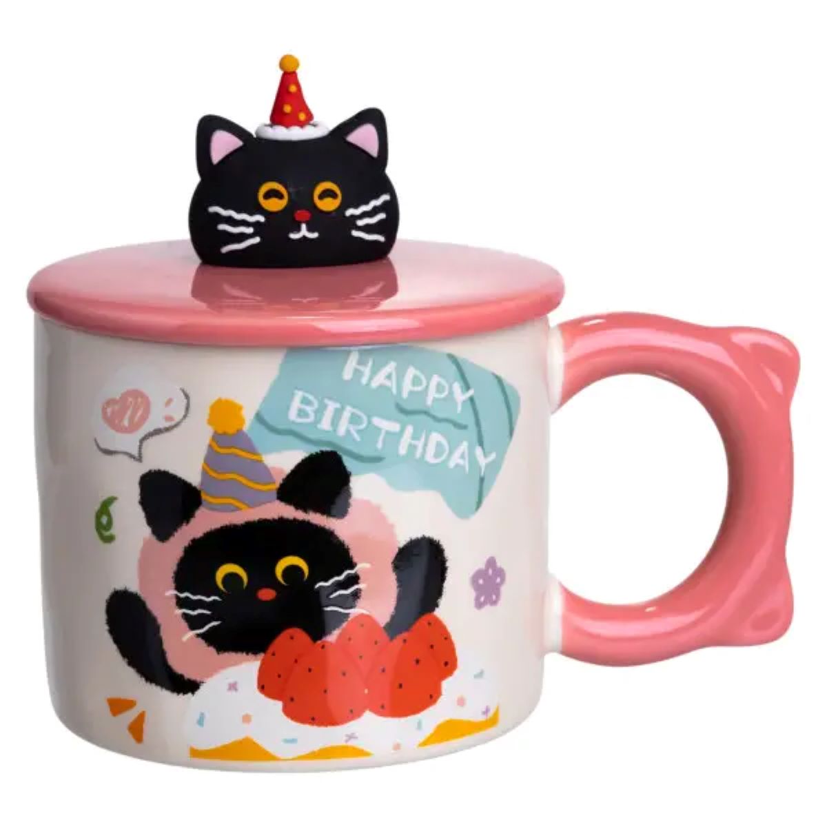 FM-24C Кубок порцелянова з кришкою Kitten's Birthday 400 (мл) подарункова кружка прикольна чашка для дітей на подарунок Рожевий FM-24C - Зображення 1