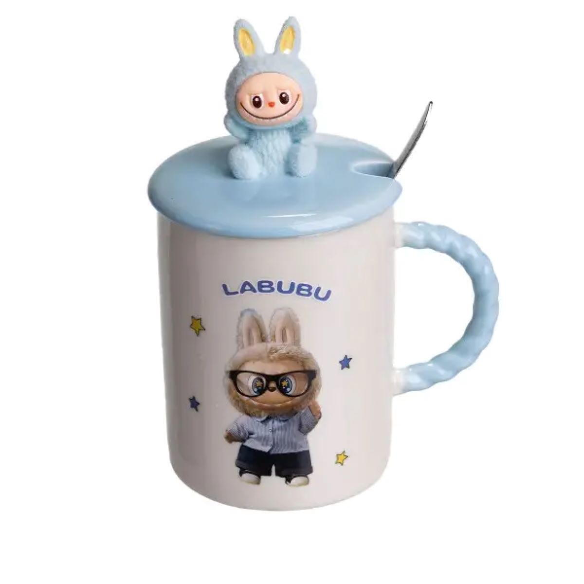 FM-35B Чашка порцелянова з кришкою і ложкою Labubu 400 (мл) подарункова кружка прикольна чашка для дітей на подарунок Блакитний FM-35B - Зображення 1