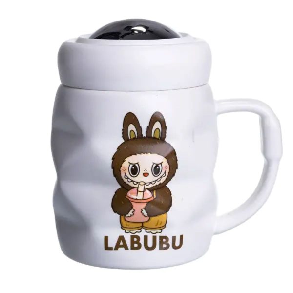 Порцелянова чашка з кришкою Labubu 400 мл Білий з темно-коричневим FM-54C
