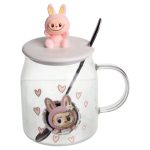 Новорічна велика скляна чашка "Лабубу" з кришкою та ложкою 600 мл Рожевий FM-56B