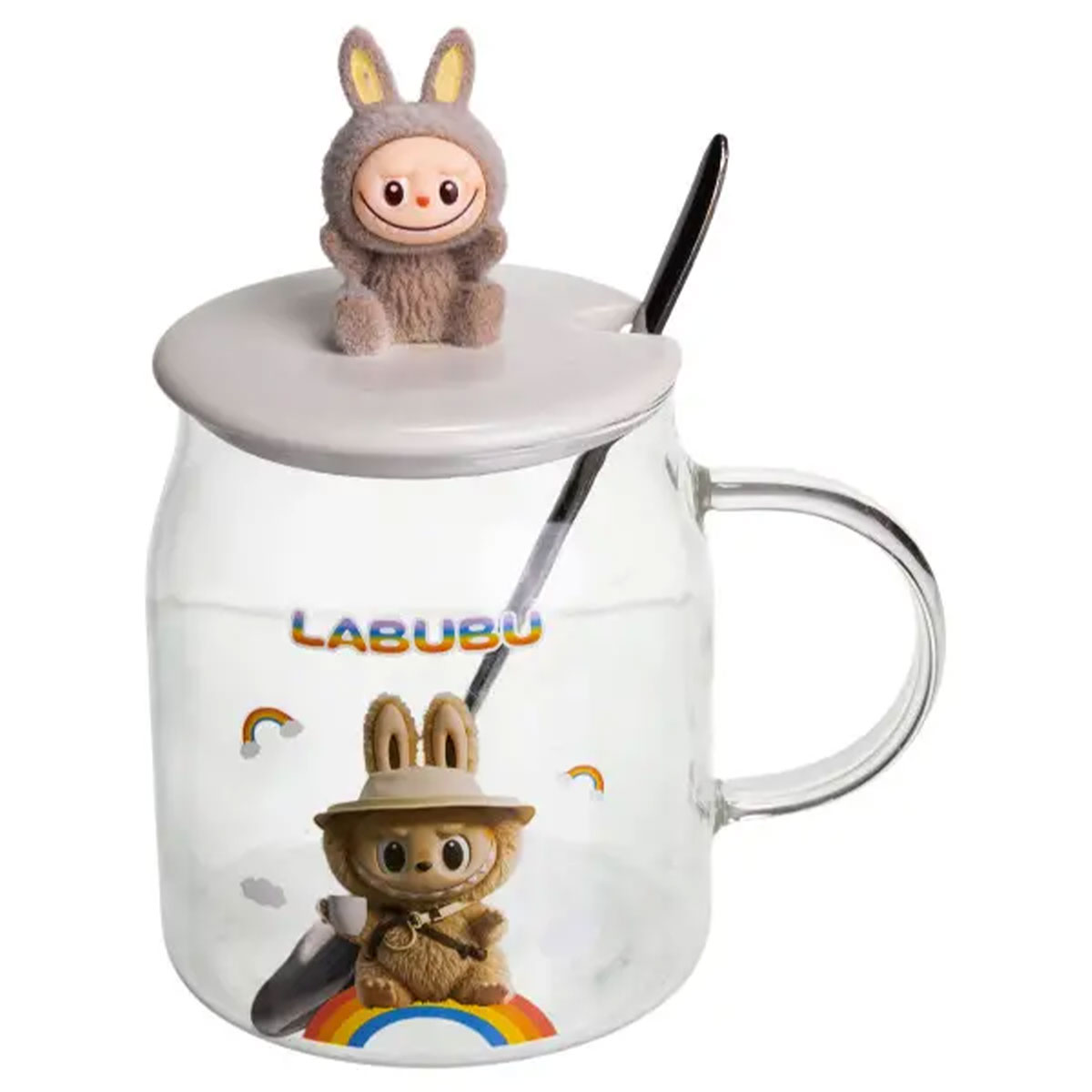 FM-56C-1 Новорічна велика скляна чашка "Лабубу" з кришкою та ложкою 600 мл Коричневий FM-56C - Зображення 1