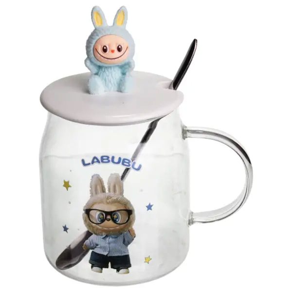 Новорічна велика скляна чашка "Лабубу" з кришкою та ложкою 600 мл, блакитна, FM-56D