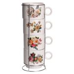 Набір чашок для чаю та кави на металевій підставці Flower 4 (шт) по 300 (мл) подарунковий набір порцелянових чашок FM-7