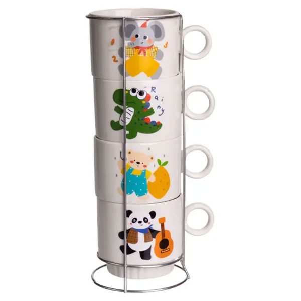Набір порцелянових чашок для дітей на металевій підставці Animals 4 (шт) по 300 (мл) подарунковий набір чашок FM-8