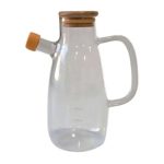 Скляна пляшка для олії та оцту з носиком і дозатором 650 мл, кришка з дерева, квадратна ручка HP-34-1-650