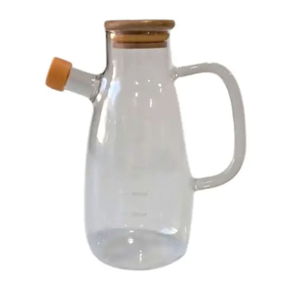 Скляна пляшка для олії та оцту з носиком і дозатором 650 мл, з дерев'яною кришкою, квадратною ручкою HP-34-1-650