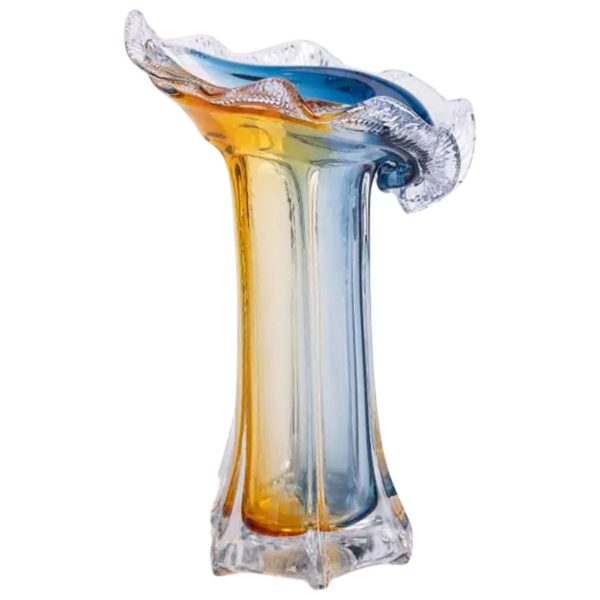 Декоративна скляна ваза для квітів 29 см фігурна жовто-синя HP-9-4
