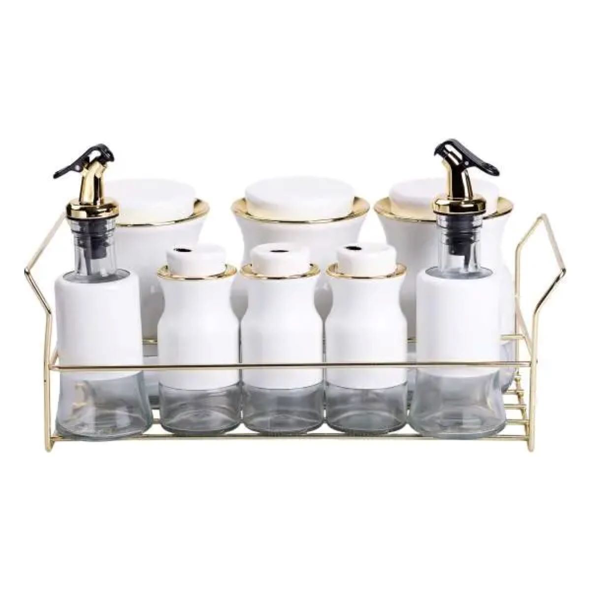 HP1360_7-1 Набір для спецій на підставці з пляшками для олії та оцту 8 предметів Білий HP-1360W - Зображення 1