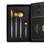 Набір столових приборів 24 предмети столовий набір на 6 персон Золотистий з білим HP-20-47 - Зображення 3