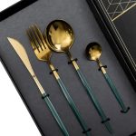 Набір столових приборів 24 предмети столовий набір на 6 персон Золотистий з зеленим HP-20-48 - Зображення 2