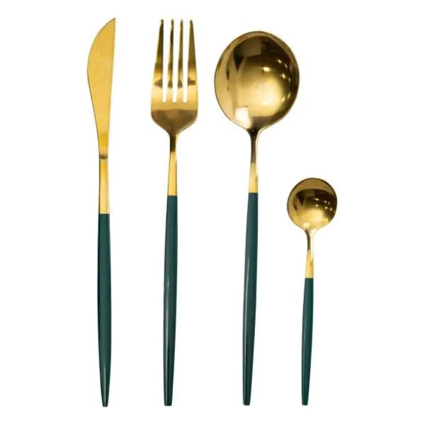 Набір столових приборів 24 предмети для 6 персон Золотистий з зеленим HP-20-48