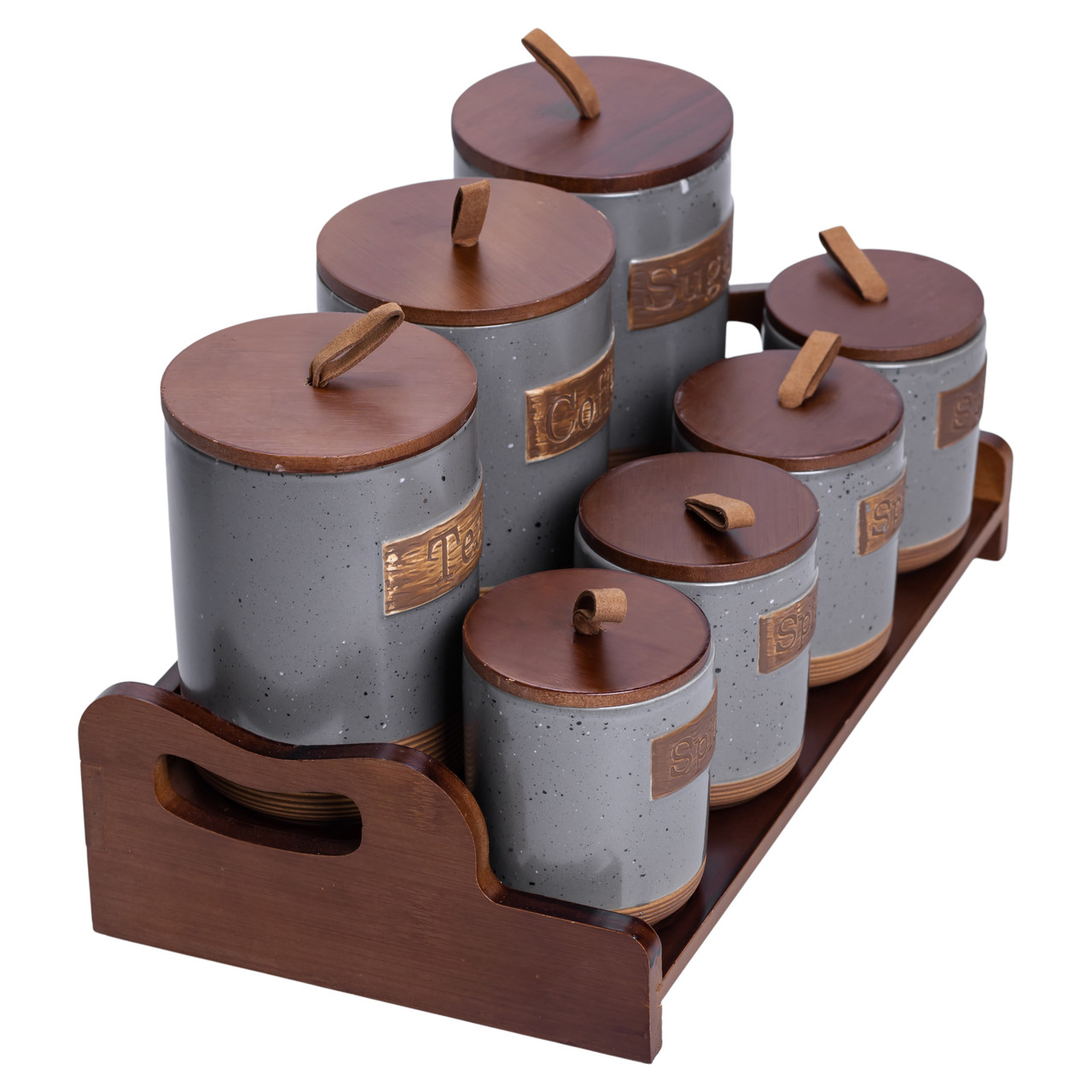 banki_dlya_sypuchih_produktov_nabor_9_shtuk_na_bambukovoy_podstavke_s_kryshkami_36_5_20_5_22_sm_emkosti_podarochnye Банки для сипучих продуктів набір 9 штук на бамбуковій підставці з кришками 36.5×20.5×22 см Сірий HP-26-2G - Зображення 1