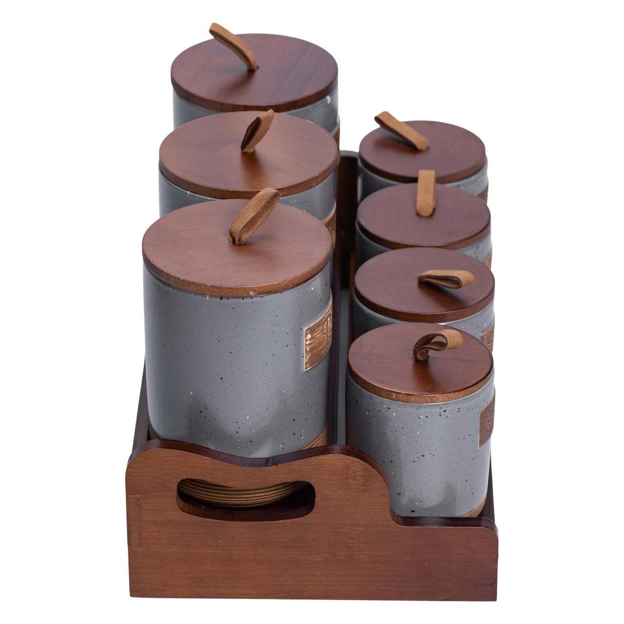 Банки для сипучих продуктів набір 9 штук на бамбуковій підставці з кришками 36.5×20.5×22 см Сірий HP-26-2G - Зображення 2