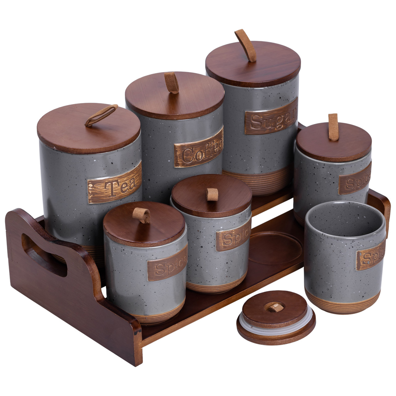 Банки для сипучих продуктів набір 9 штук на бамбуковій підставці з кришками 36.5×20.5×22 см Сірий HP-26-2G - Зображення 3
