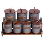 Банки для сипучих продуктів набір 9 штук на бамбуковій підставці з кришками 36.5×20.5×22 см Сірий HP-26-2G - Зображення 4