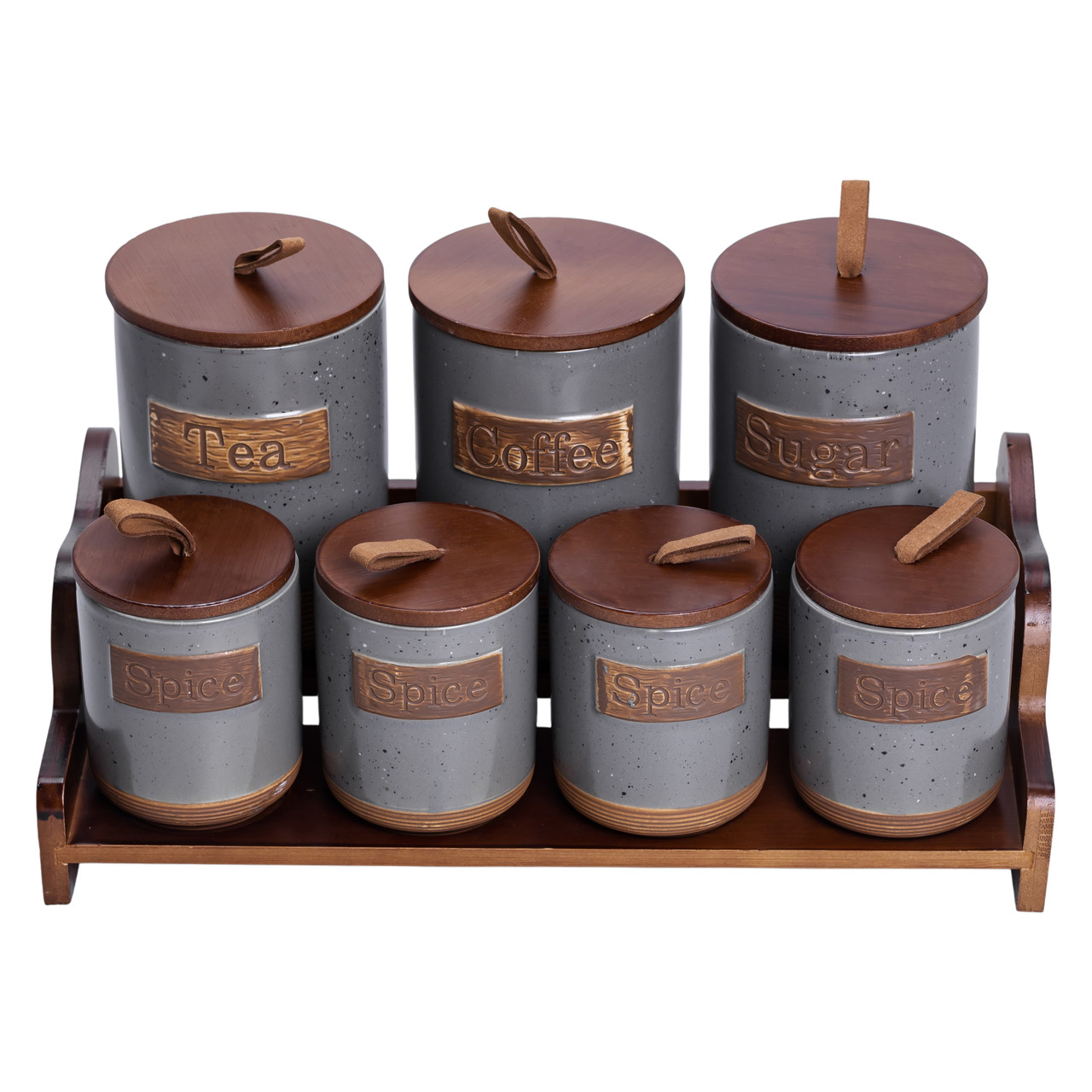 Банки для сипучих продуктів набір 9 штук на бамбуковій підставці з кришками 36.5×20.5×22 см Сірий HP-26-2G - Зображення 4