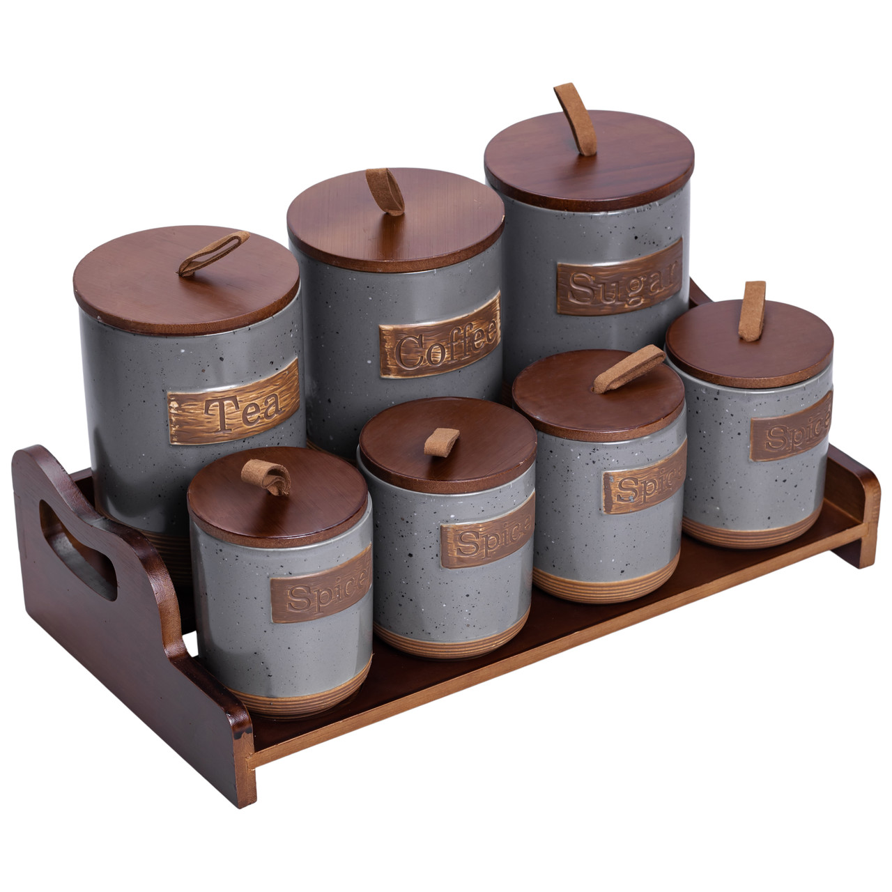 Банки для сипучих продуктів набір 9 штук на бамбуковій підставці з кришками 36.5×20.5×22 см Сірий HP-26-2G - Зображення 5