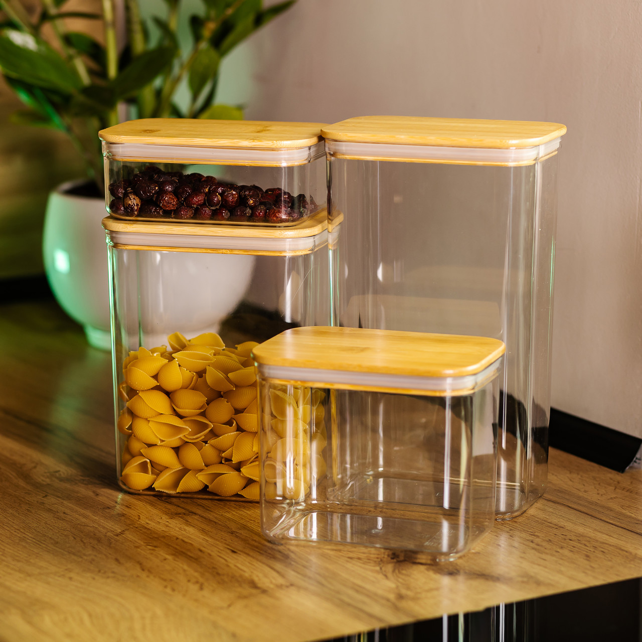 Банки для сипучих продуктів набір із 4 шт пластикові з бамбуковими кришками HP-1302 - Зображення 5