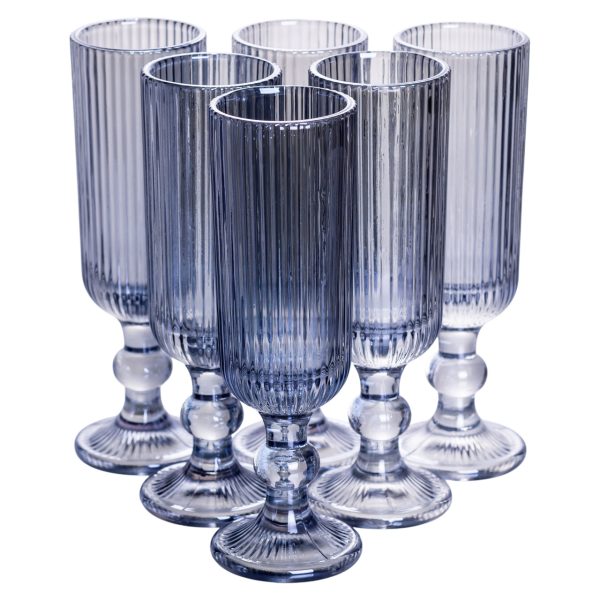 Келихи для шампанського фігурні прозорі ребристі з товстого скла, набір 6 шт, блакитні HP7116BL