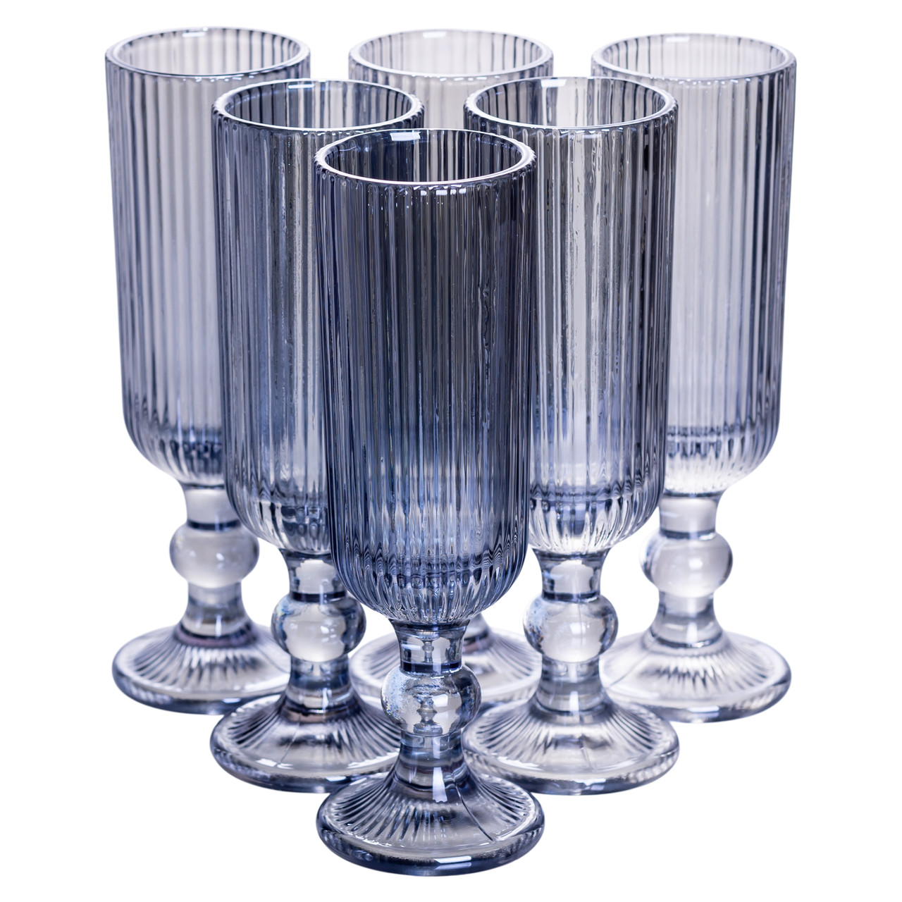 Келих для шампанського фігурний прозорий ребристий з товстого скла набір 6 шт Блакитний HP7116BL - Зображення 1