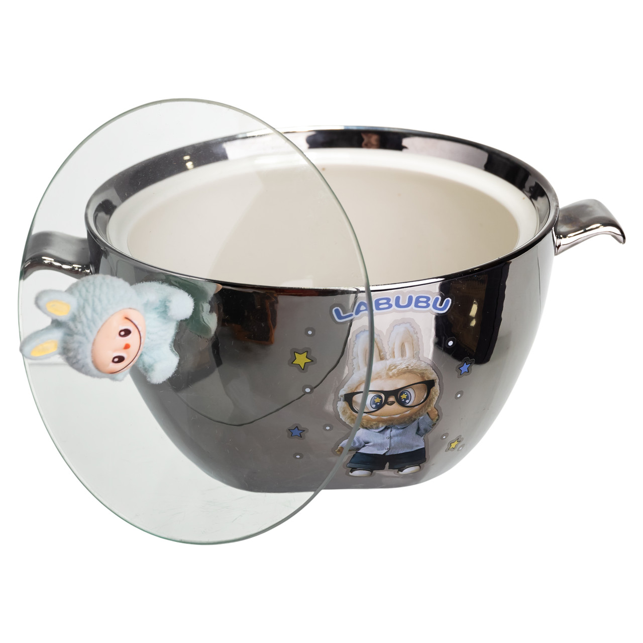 Бульйонниця порцелянова Labubu з кришкою і ручками 800 (мл) Ø15 (см) Сріблястий з блакитним FM-34D - Зображення 3