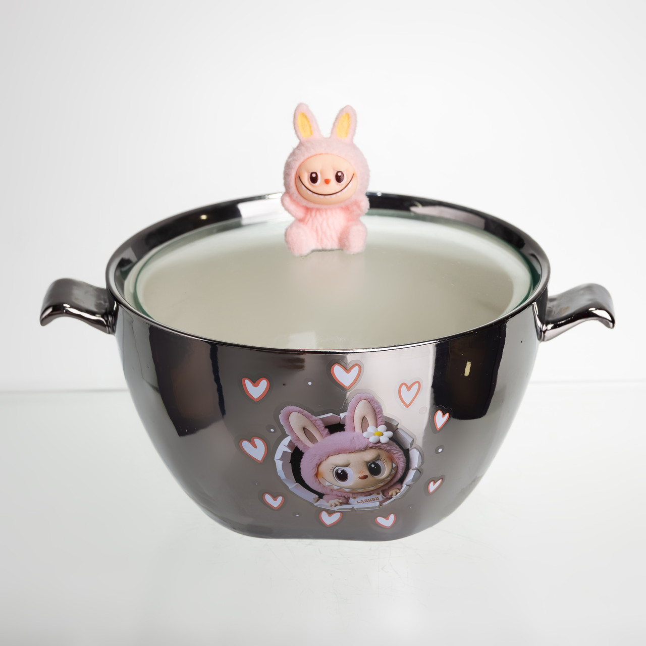 Бульйонниця порцелянова Labubu з кришкою та ручками 800 (мл) Ø15 (см) дитяча тарілка для супу та локшини Сріблястий з рожевим FM-34C - Зображення 1