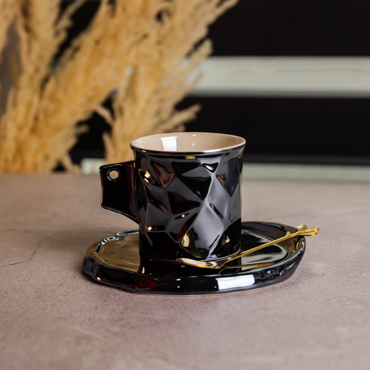 Чашка порцелянова для кави 200 (мл) з блюдцем і ложкою, гарна чашка в подарунок Чорний FM-2A - Зображення 2
