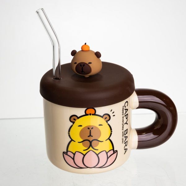 Порцелянова чашка з кришкою та трубочкою "Капібара в лотосі" 400 мл FM-27B