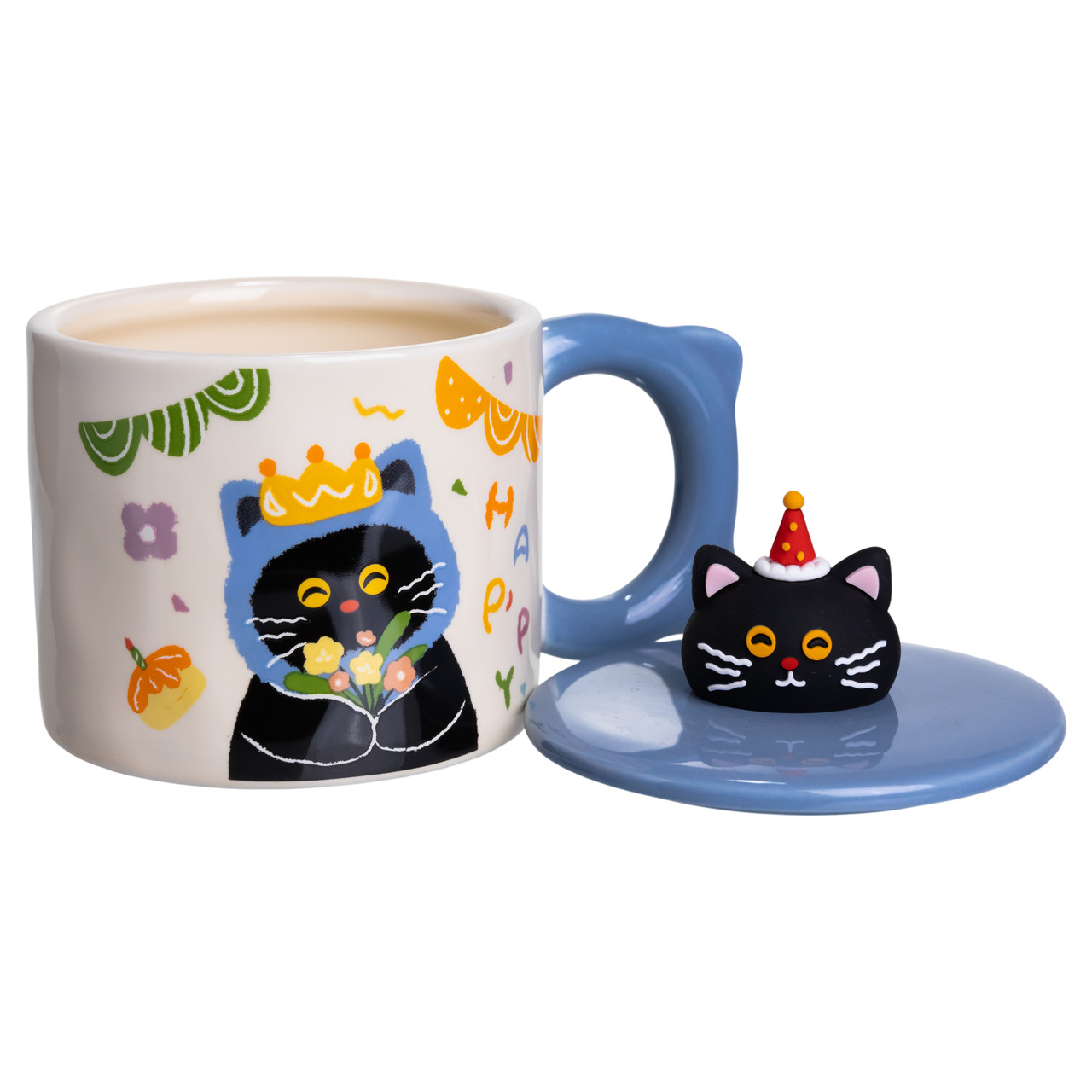 Кубок порцелянова з кришкою Kitten's Birthday 400 (мл) подарункова кружка прикольна чашка для дітей на подарунок Синій FM-24A - Зображення 3