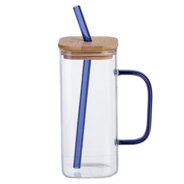 Скляна чашка 400 мл з бамбуковою кришкою та синьою трубочкою HP-19-146BL