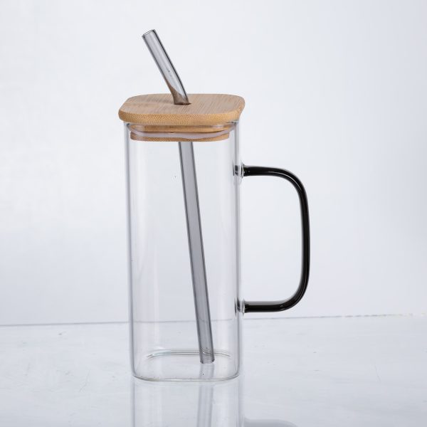 Чашка скляна 400 мл з бамбуковою кришкою та скляною трубочкою HP-19-146