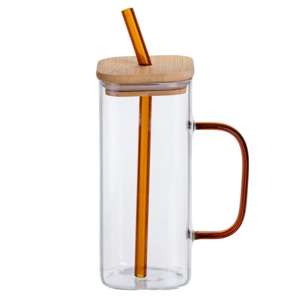 Скляна чашка 400 мл з бамбуковою кришкою та золотистою трубочкою HP-19-146GOLD