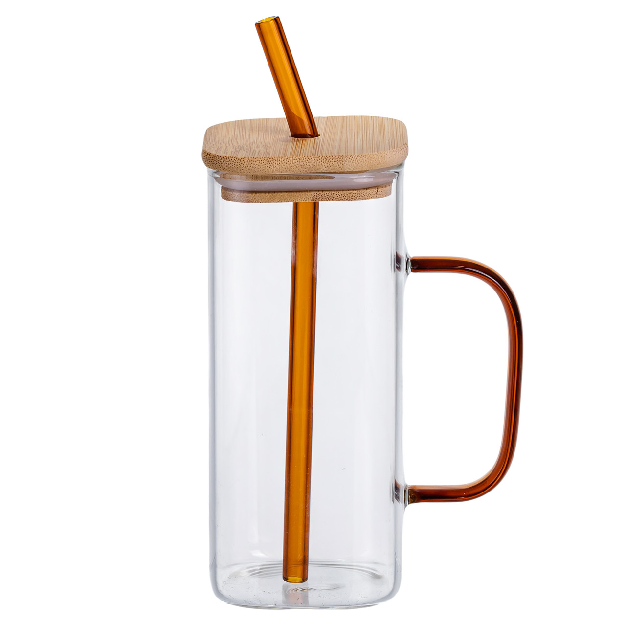 Скляна чашка 400 мл з бамбуковою кришкою і золотистою трубочкою HP-19-146GOLD - Зображення 1