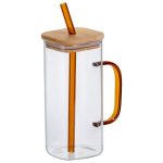 Скляна чашка 400 мл з бамбуковою кришкою і золотистою трубочкою HP-19-146GOLD - Зображення 2