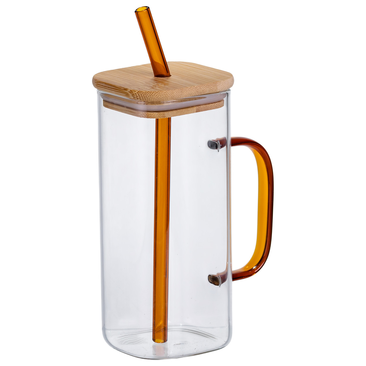 Скляна чашка 400 мл з бамбуковою кришкою і золотистою трубочкою HP-19-146GOLD - Зображення 2
