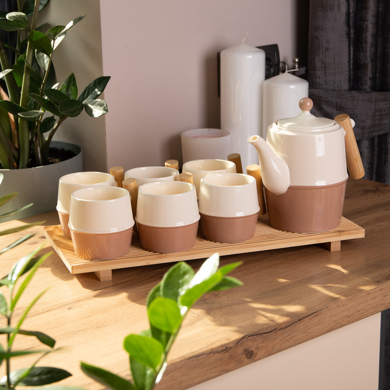 Чайний сервіз на 6 персон з бамбуковою підставкою коричневий HP-15-21 - Зображення 6