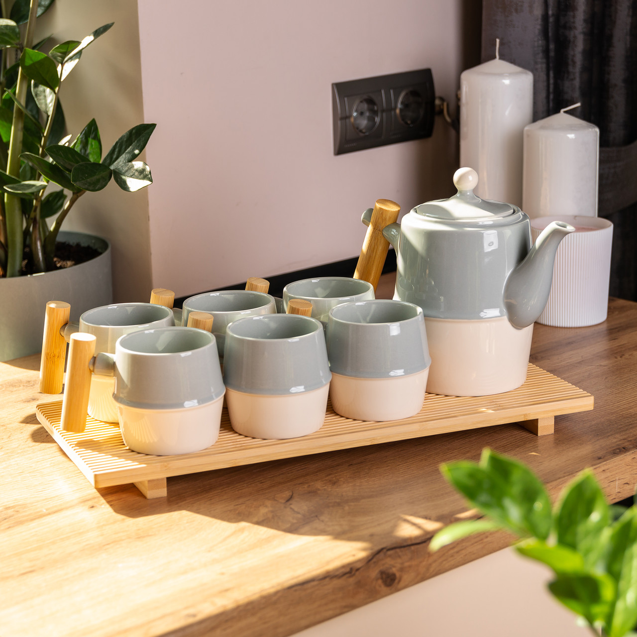 Чайний сервіз на 6 персон з бамбуковою підставкою сірий HP-15-22 - Зображення 4